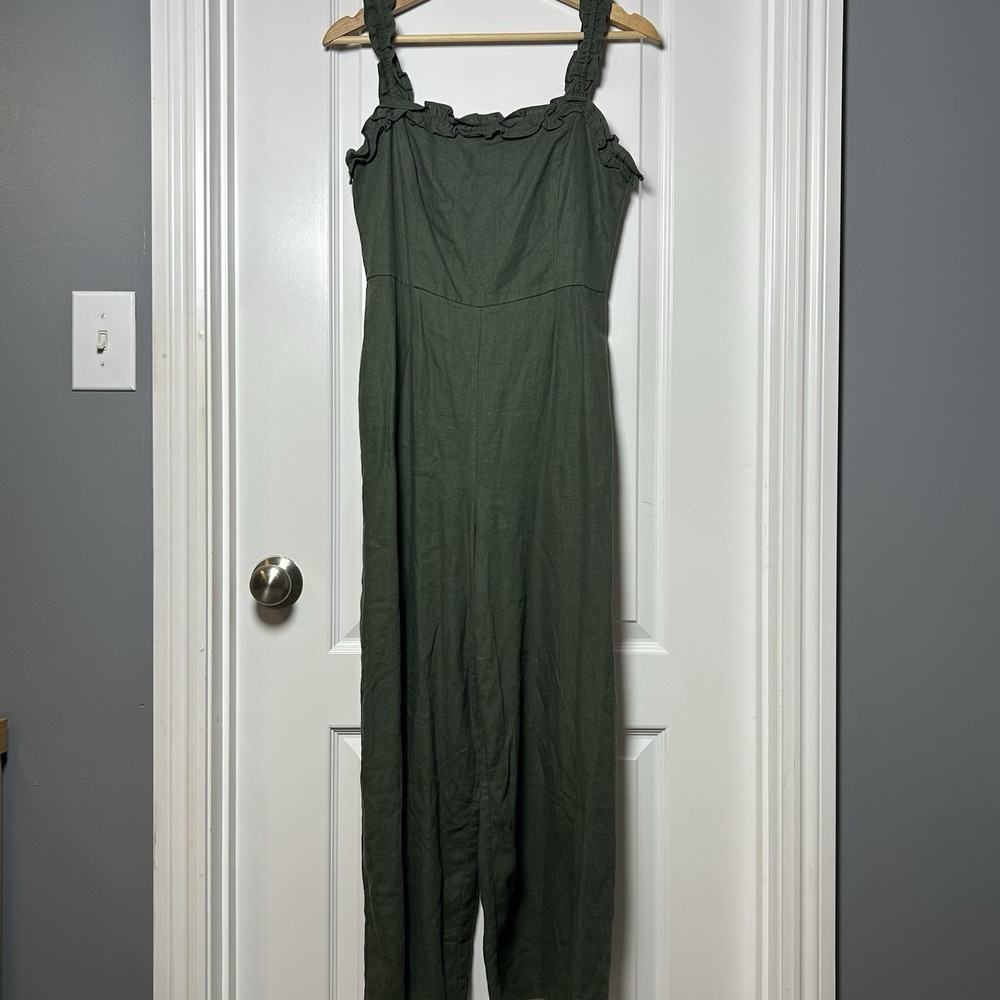 Lush Olive‎ Linen Blend Wide Leg Ruffle Strap Jumpsuit Granola Girl Boho Style